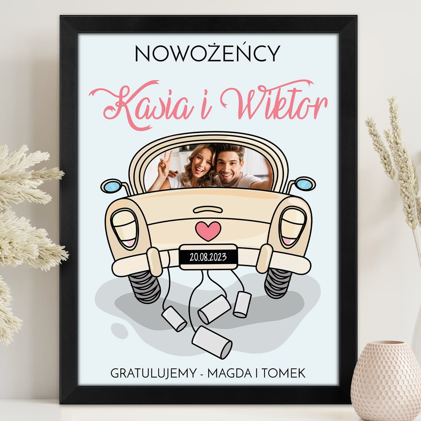 Plakat personalizowany ze zdjęciem w ramce z nadrukiem dla pary na ślub rocznicę parapetówkę