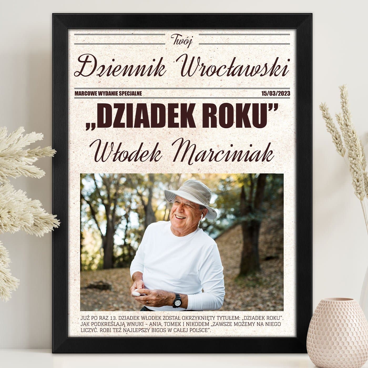 Plakat personalizowany ze zdjęciem Twój Dziennik w ramce z nadrukiem dla dziadka na Dzień Dziadka