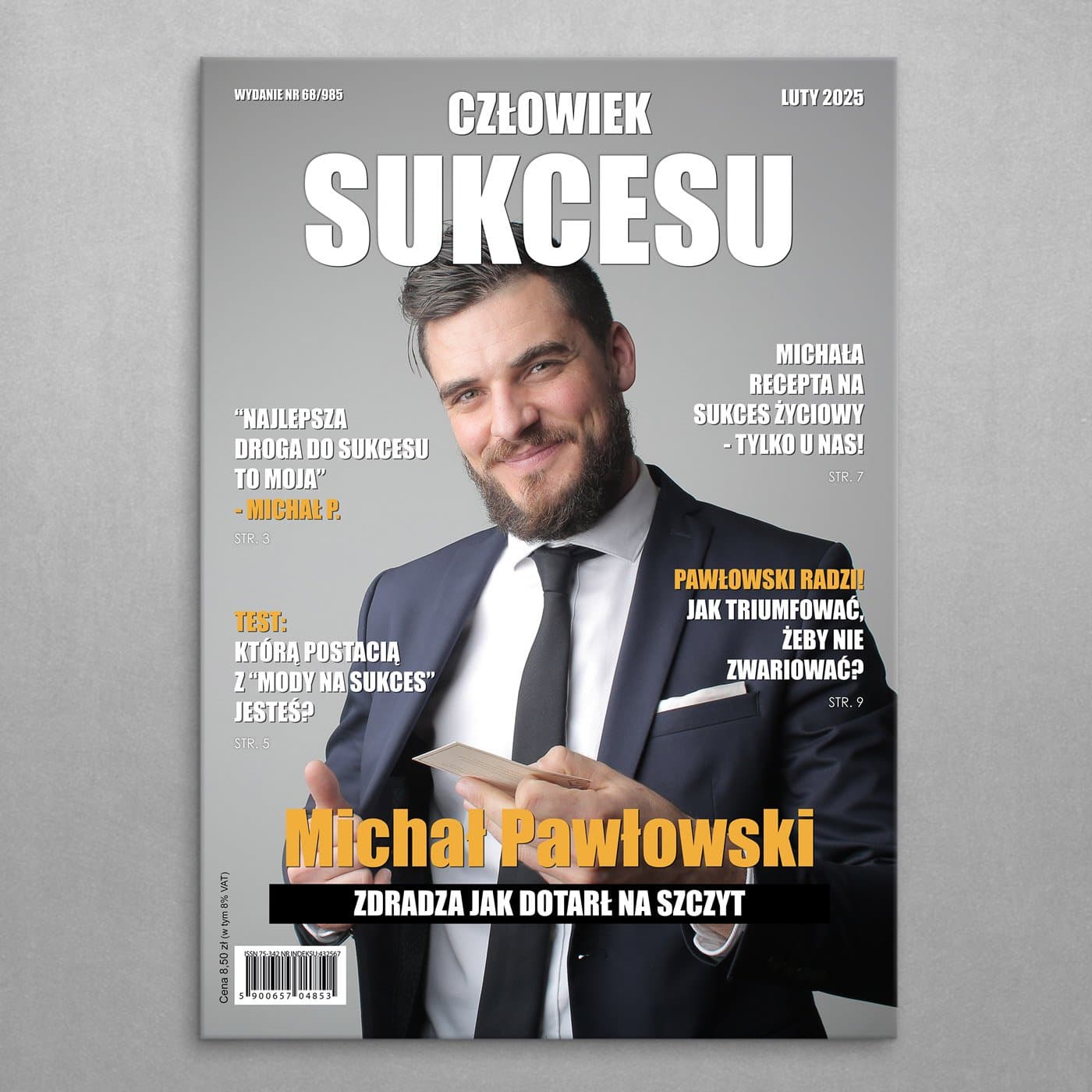 Plakat metalowy personalizowany M ze zdjęciem Człowiek Sukcesu dla niego z okazji awansu w pracy