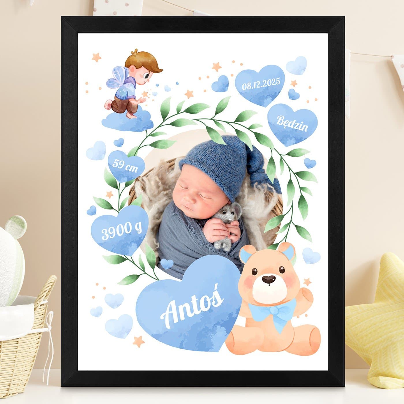 Plakat personalizowany ze zdjęciem w ramce z nadrukiem dla chłopcaz okazji narodzin chrzcin
