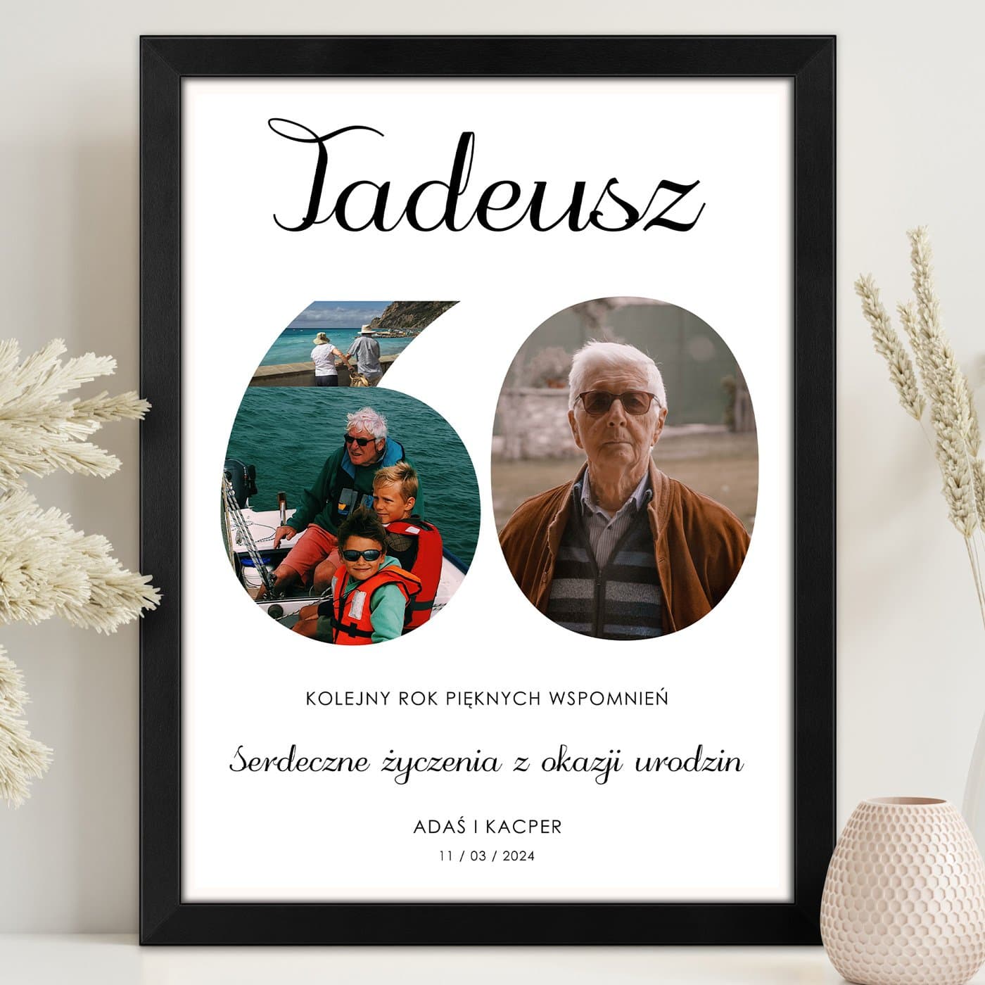 Plakat personalizowany kolaż zdjęć w ramce z nadrukiem dla niego na 60 urodziny