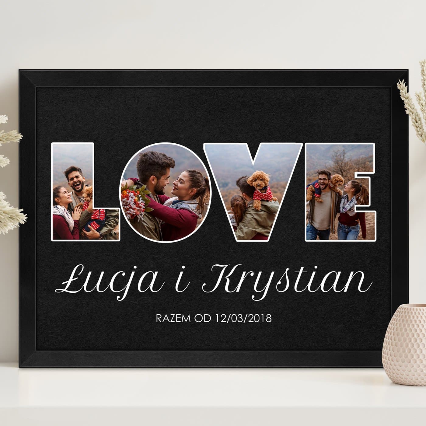 Plakat personalizowany kolaż zdjęć w ramce z nadrukiem dla pary na ślub rocznicę parapetówkę