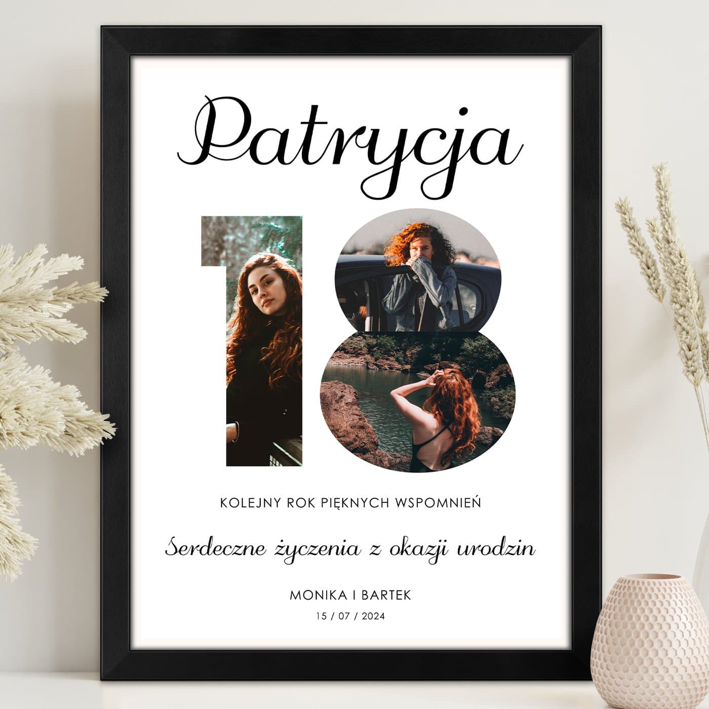 Plakat personalizowany kolaż zdjęć w ramce z nadrukiem dla niej na 18 urodziny