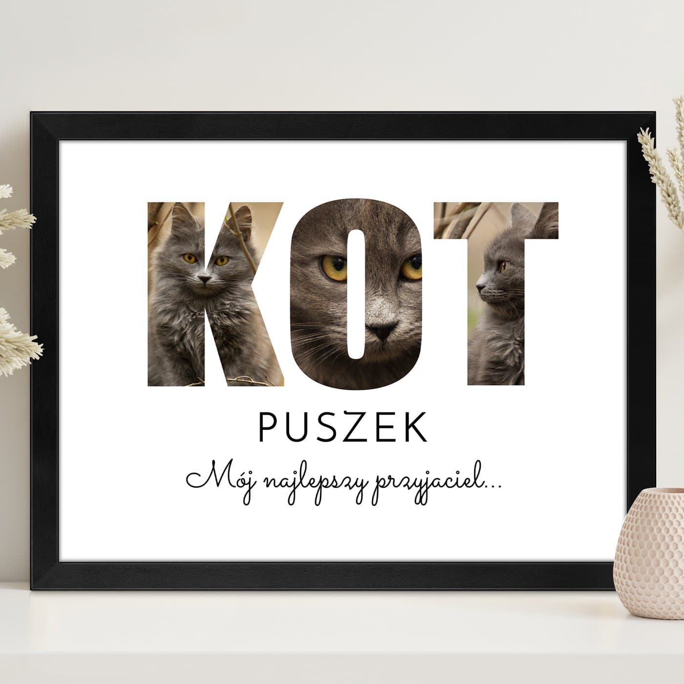 Plakat personalizowany kolaż zdjęć w ramce z nadrukiem dla kociary