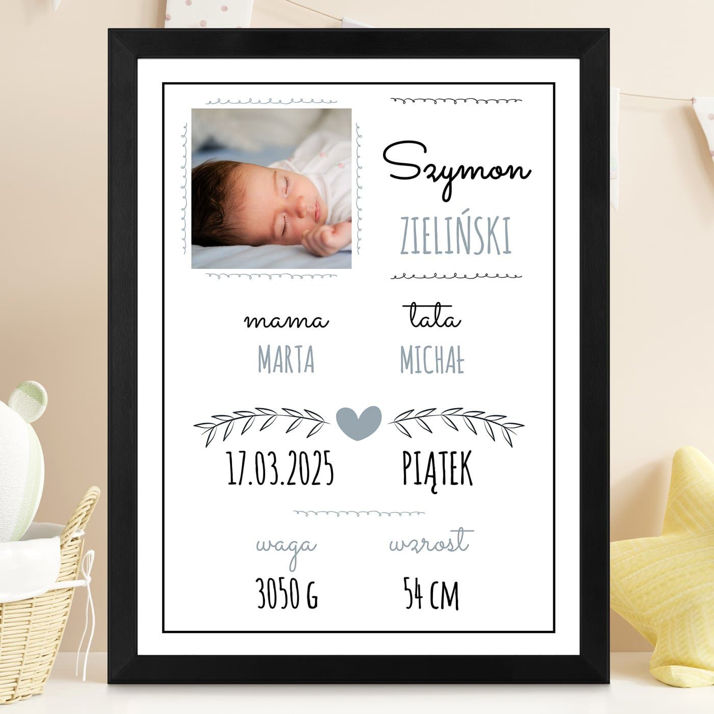 Plakat personalizowany ze zdjęciem w ramce z nadrukiem dla chłopca z okazji narodzin chrzcin
