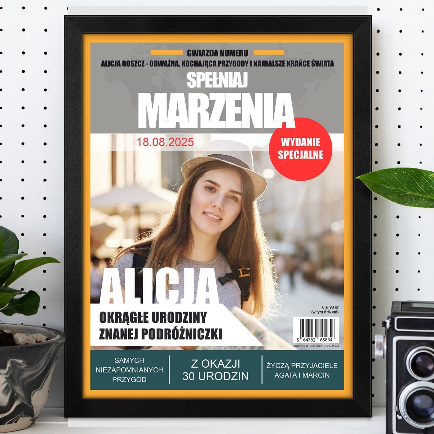 Plakat personalizowany ze zdjęciem Spełniaj Marzenia w ramce z nadrukiem dla podróżniczki przyjaciółki na 30 urodziny