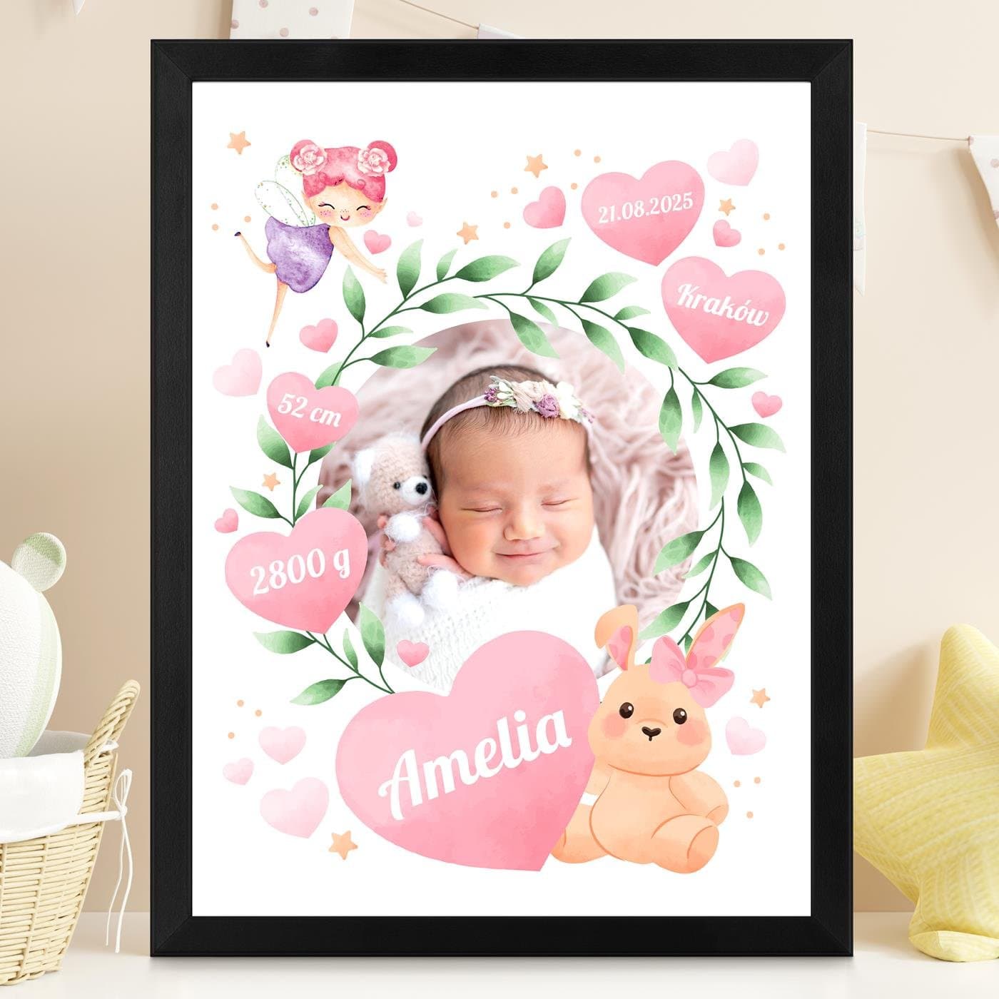 Plakat personalizowany ze zdjęciem w ramce z nadrukiem dla dziewczynki z okazji narodzin chrzcin