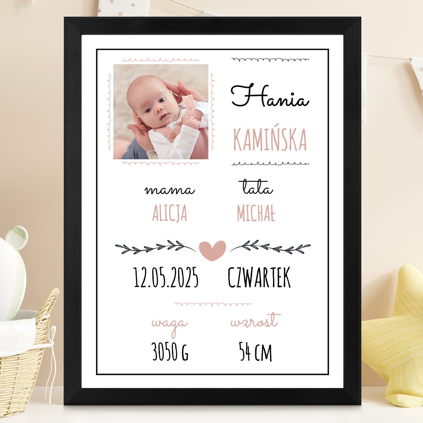 Plakat personalizowany ze zdjęciem w ramce z nadrukiem dla dziewczynki z okazji narodzin chrzcin