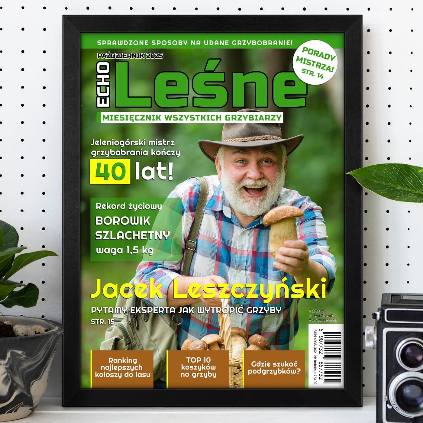 Plakat personalizowany ze zdjęciem Echo Leśne w ramce z nadrukiem dla grzybiarza na 40 urodziny