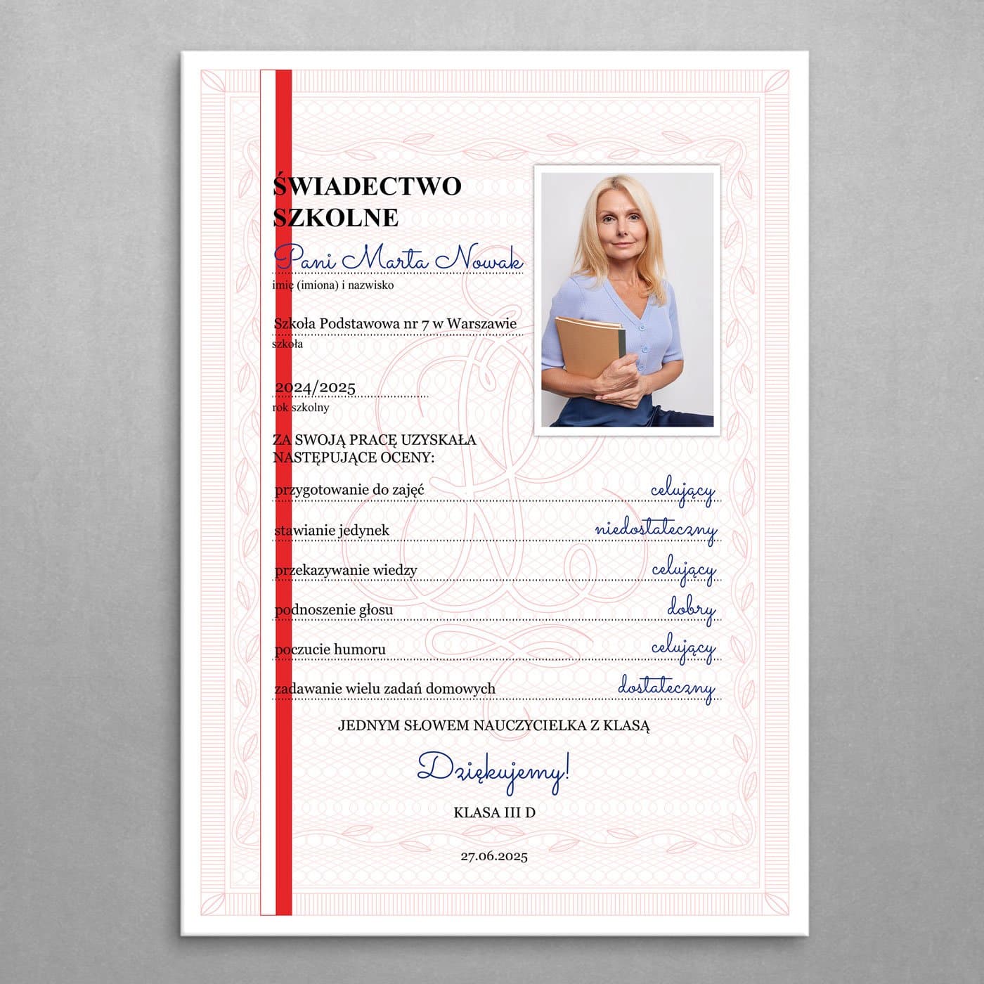 Plakat metalowy personalizowany M ze zdjęciem dla nauczycielki wychowawczyni