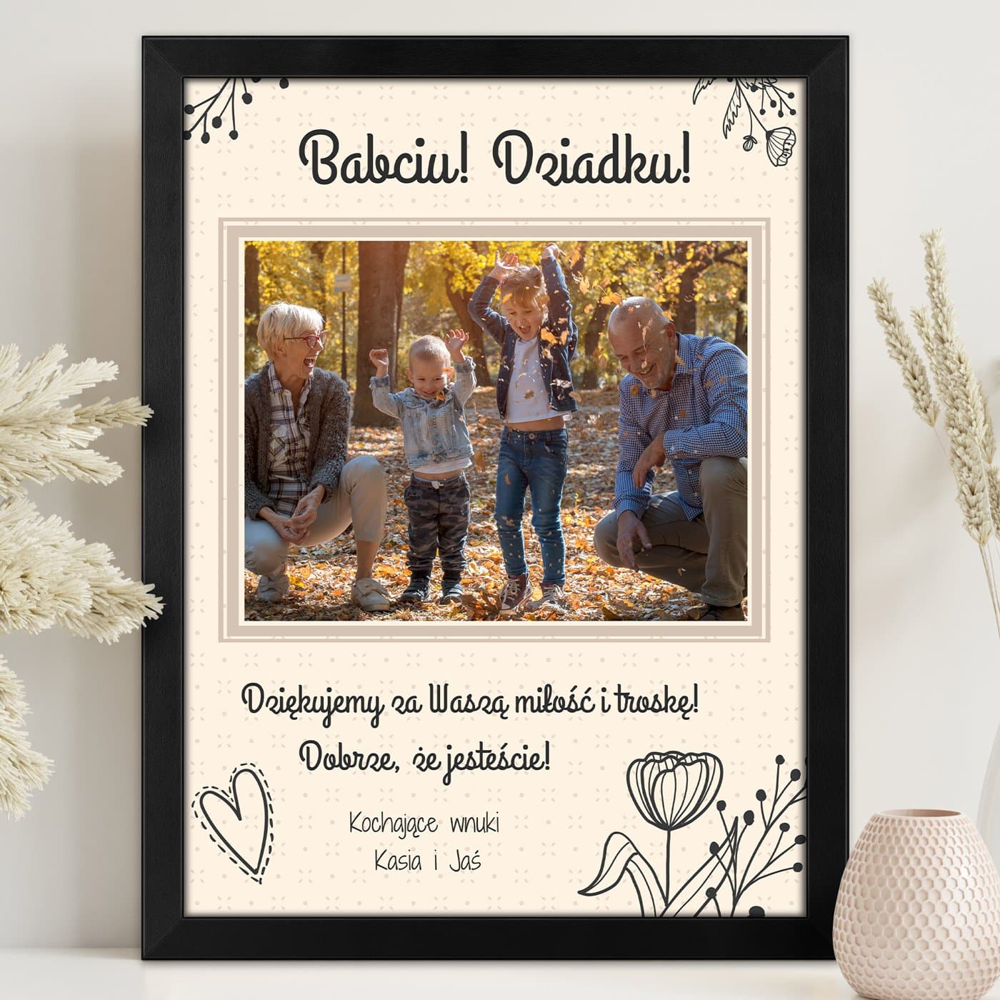 Plakat personalizowany ze zdjęciem i nadrukiem w ramce dla babci i dziadka na Dzień Babci i Dzień Dziadka