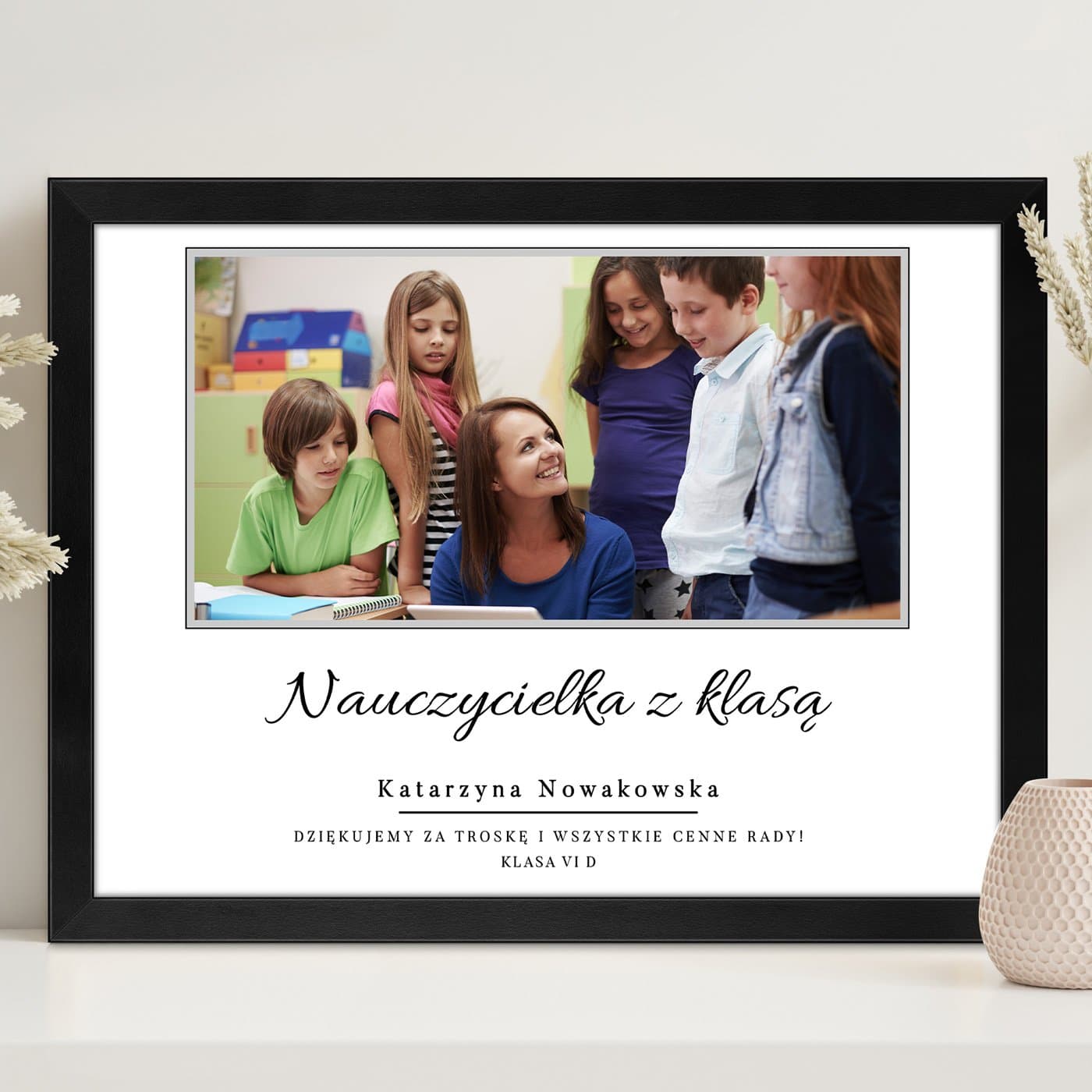 Plakat personalizowany ze zdjęciem w ramce z nadrukiem dla nauczycielki wychowawczyni na Dzień Nauczyciela