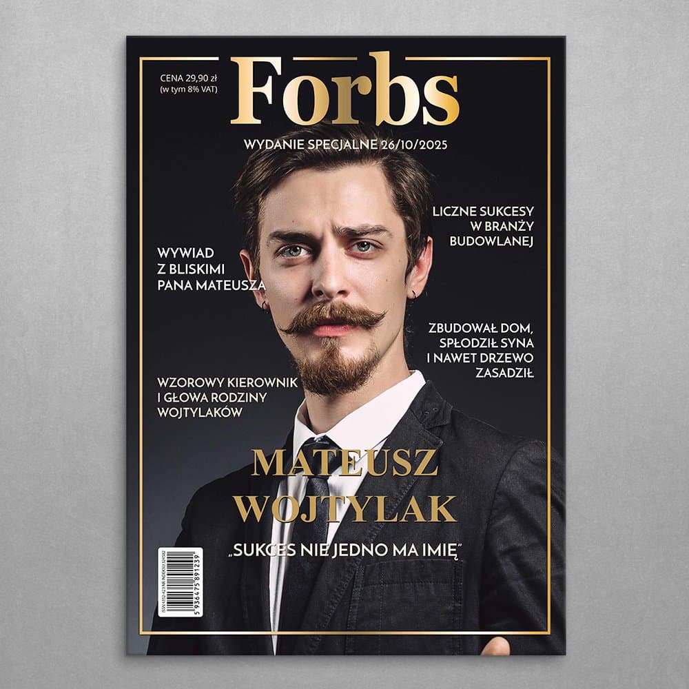 Plakat metalowy personalizowany M ze zdjęciem Forbs dla niego szefa taty na awans w pracy