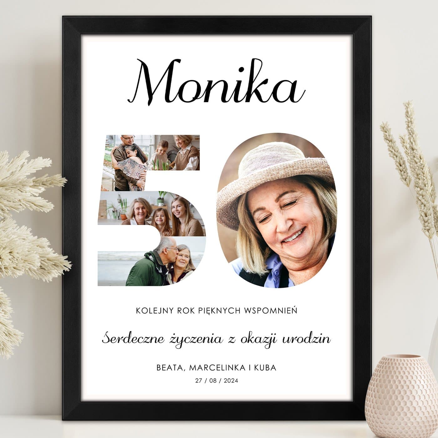 Plakat personalizowany kolaż zdjęć w ramce z nadrukiem dla niej na 50 urodziny