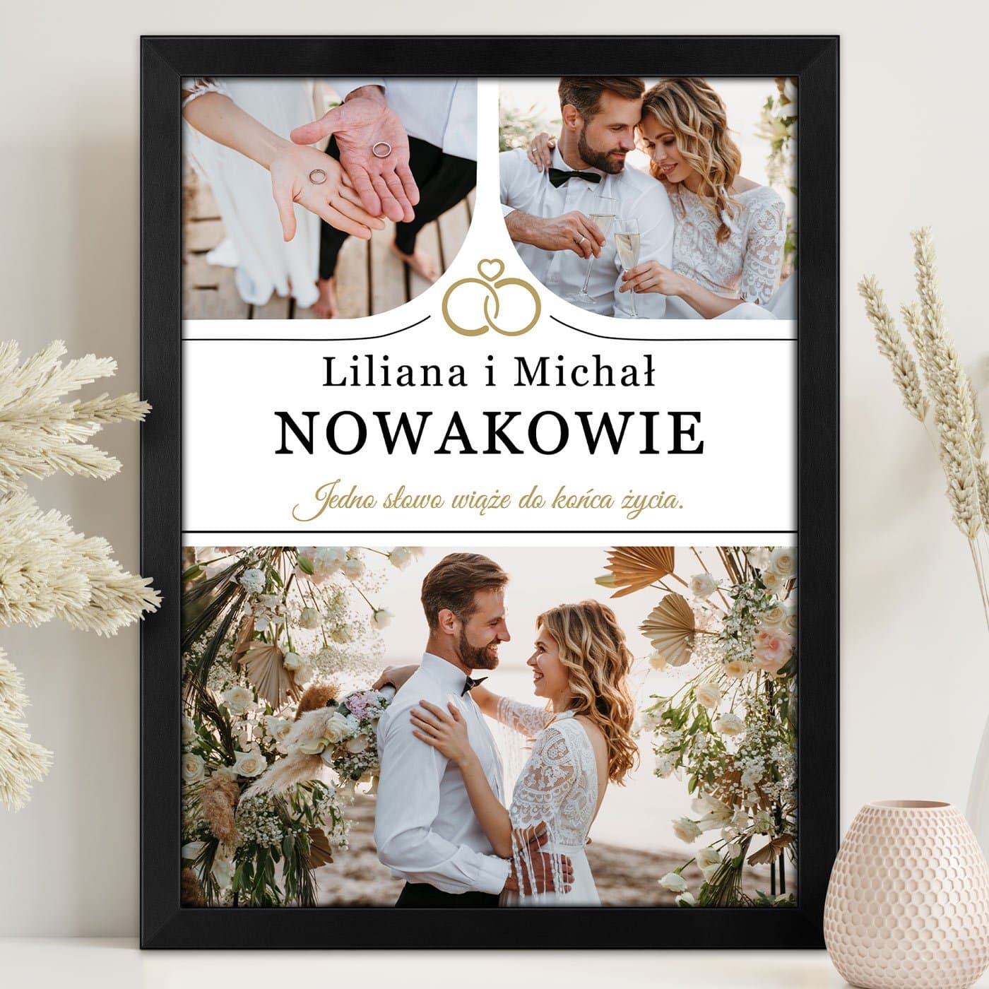 Plakat personalizowany kolaż zdjęć w ramce z nadrukiem dla pary na ślub