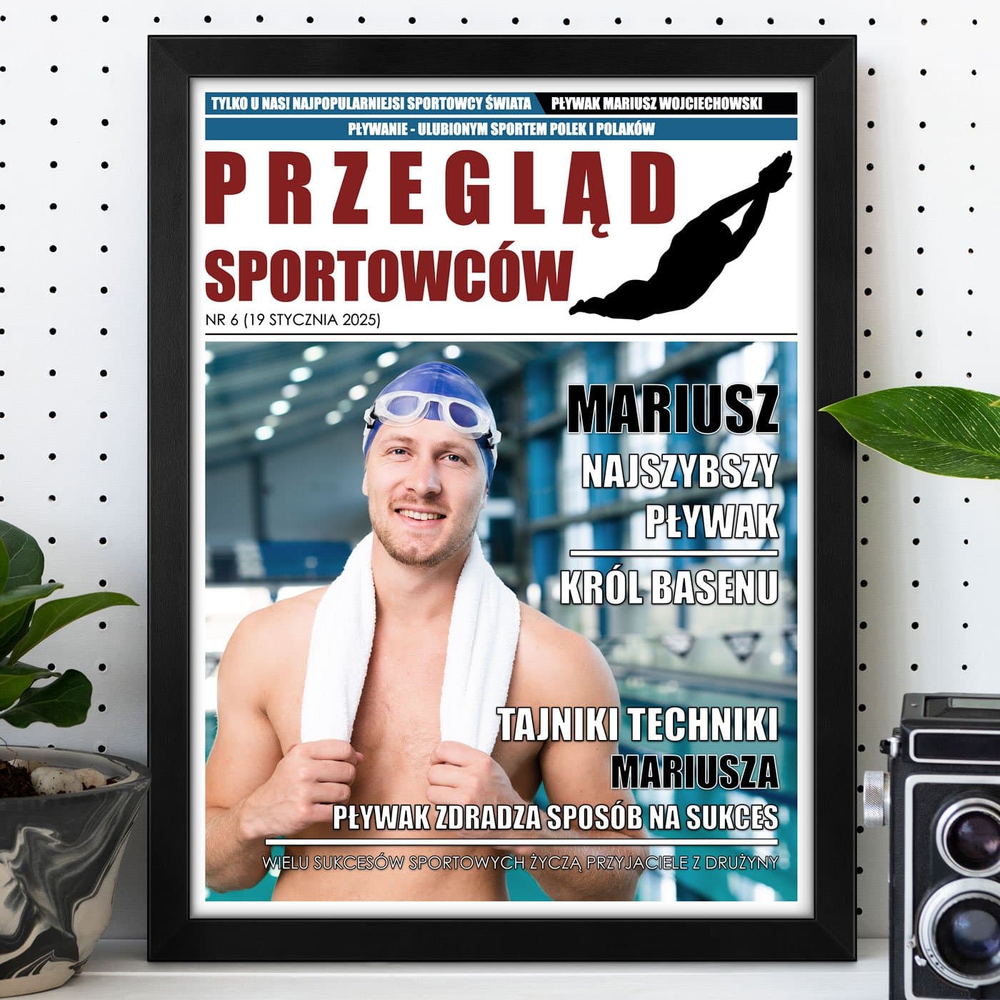 Plakat personalizowany ze zdjęciem Przegląd Sportowców w ramce z nadrukiem dla pływaka sportowca