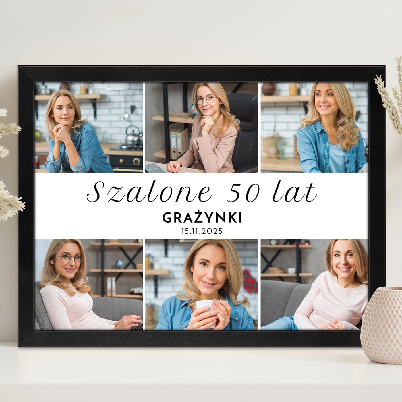 Plakat personalizowany kolaż zdjęć w ramce z nadrukiem dla niej na 50 urodziny