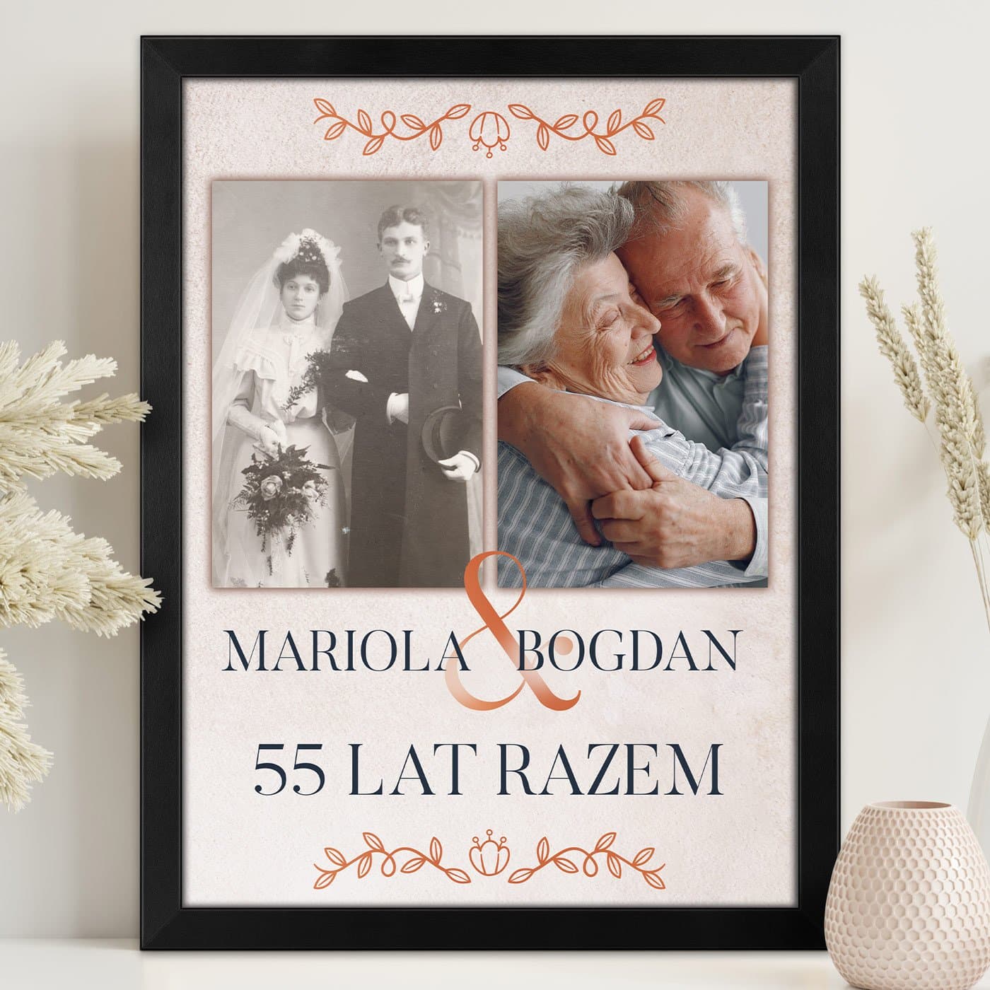 Plakat personalizowany kolaż zdjęć w ramce z nadrukiem dla pary na 55 rocznicę ślubu